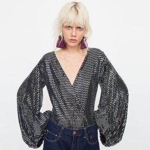 Zara deep v sequin bodysuit puff sleeves